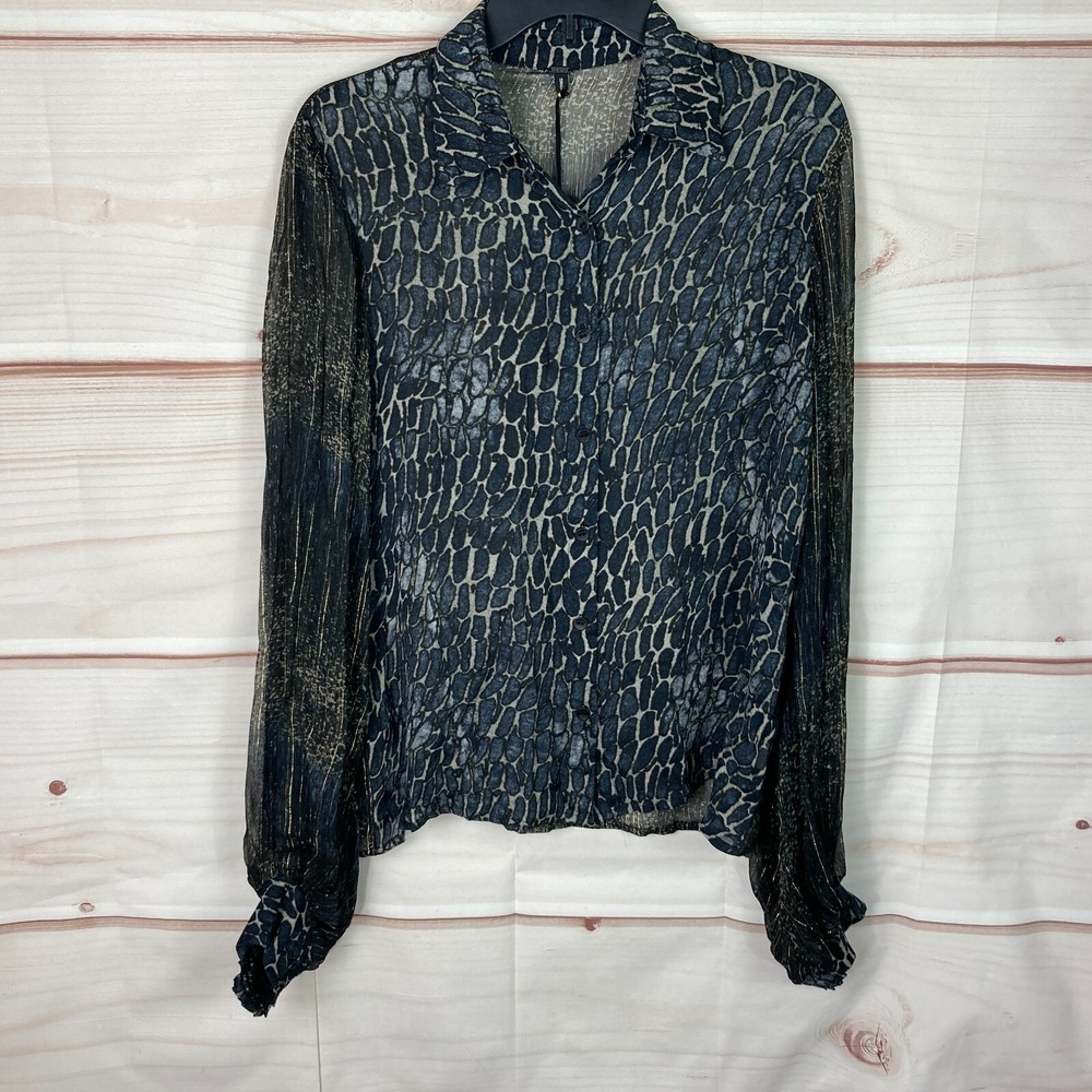 Bl^nk London Top Womens S Black Gold Pansy Blouse Button Up Sheer Balloon Sleeve
